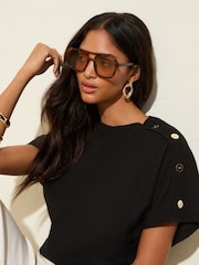 Preto - Friends Like These Button Detail Short Sleeve Tunic - Imagem 1 de 4