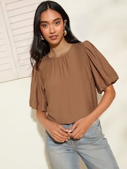 Friends Like These Brown Print Bubble Sleeve Blouse - Image 1 of 4