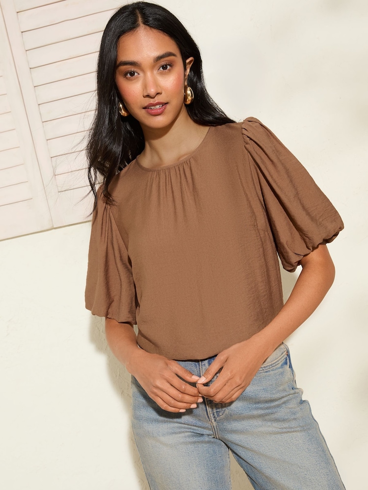 Friends Like These Brown Print Bubble Sleeve Blouse - Image 1 of 4