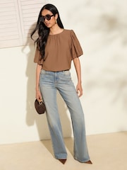 Friends Like These Brown Print Bubble Sleeve Blouse - Image 3 of 4