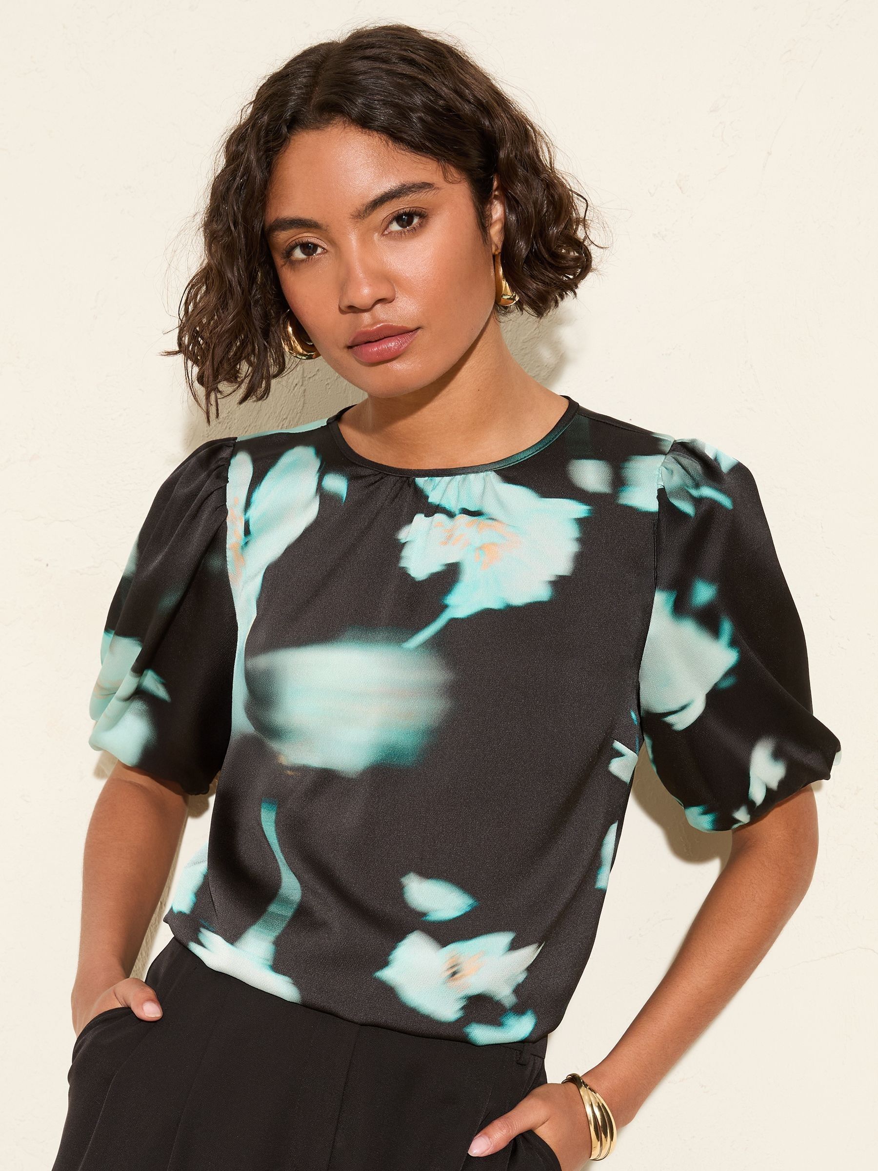Friends Like These Blue Floral Print Bubble Sleeve Blouse