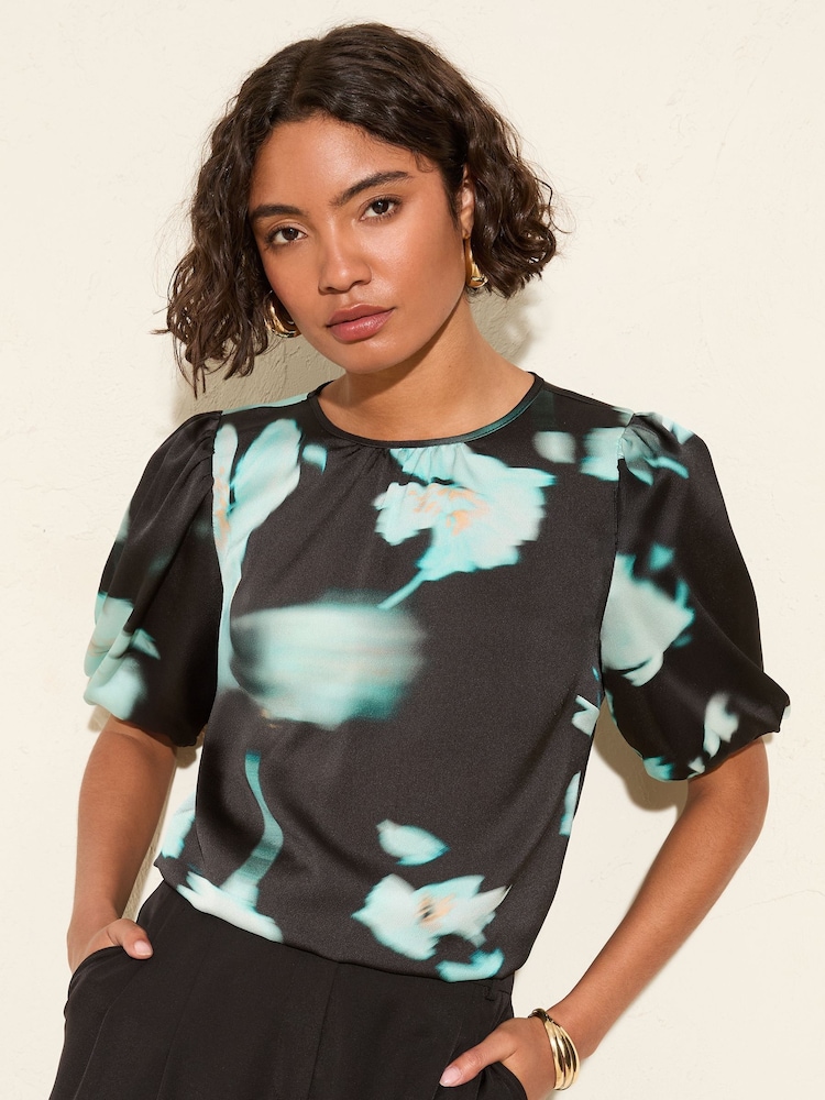 Friends Like These Blue Floral Print Bubble Sleeve Blouse - Image 1 of 4