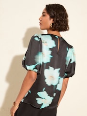 Friends Like These Blue Floral Print Bubble Sleeve Blouse - Image 4 of 4