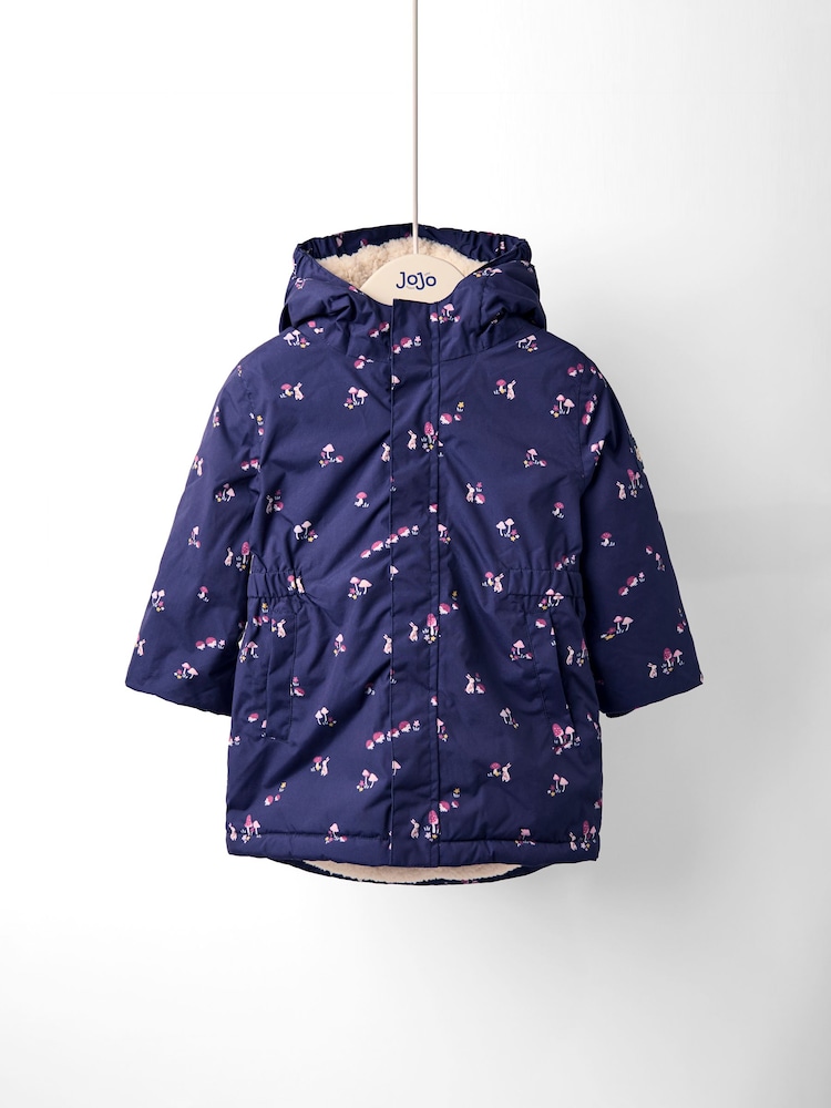 JoJo Maman Bébé Blue Floral Borg Lined Puffer Coat - Image 1 of 6 JoJo Maman Bébé Blue Floral Borg Lined Puffer Coat - Image 1 of 6