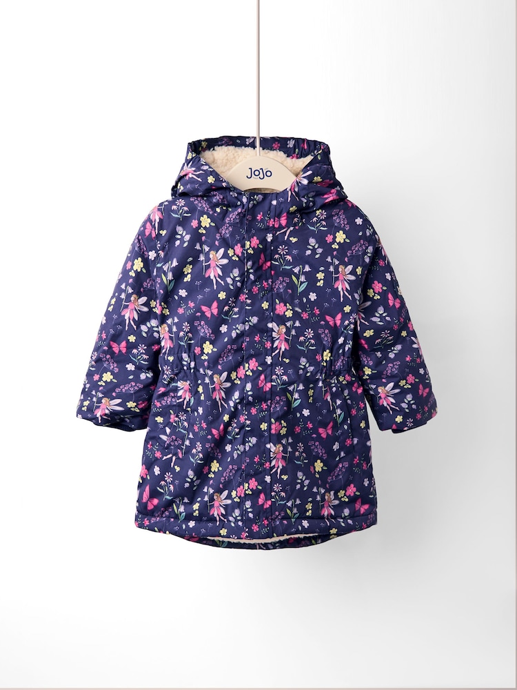 JoJo Maman Bébé Navy Blue Floral Borg Lined Puffer Coat - Image 1 of 6 JoJo Maman Bébé Navy Blue Floral Borg Lined Puffer Coat - Image 1 of 6