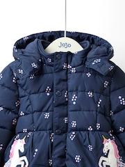 JoJo Maman Bébé Blue Fleece Lined Puffer Coat - Image 3 of 6
