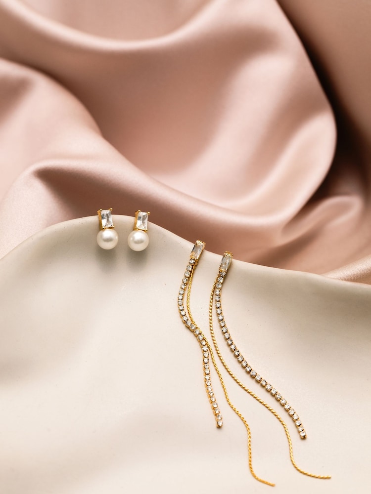 Orelia London Gold Tone Crystal Baguette & Pearl Stud Earrings - Image 2 of 3