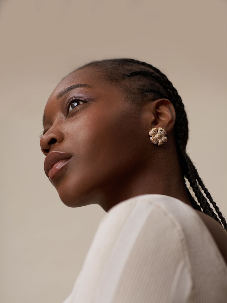 Orelia London Gold Tone Textured Flower Statement Stud Earrings - Image 2 of 3 Orelia London Gold Tone Textured Flower Statement Stud Earrings - Image 2 of 3