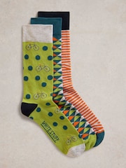 White Stuff Orange Bicycle Geo Socks 3 Pack - Image 1 of 2