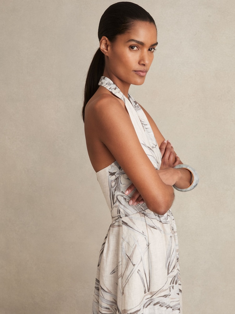 Reiss Neutral Carla Linen Palm Print Halterneck Midi Dress - Image 1 of 7