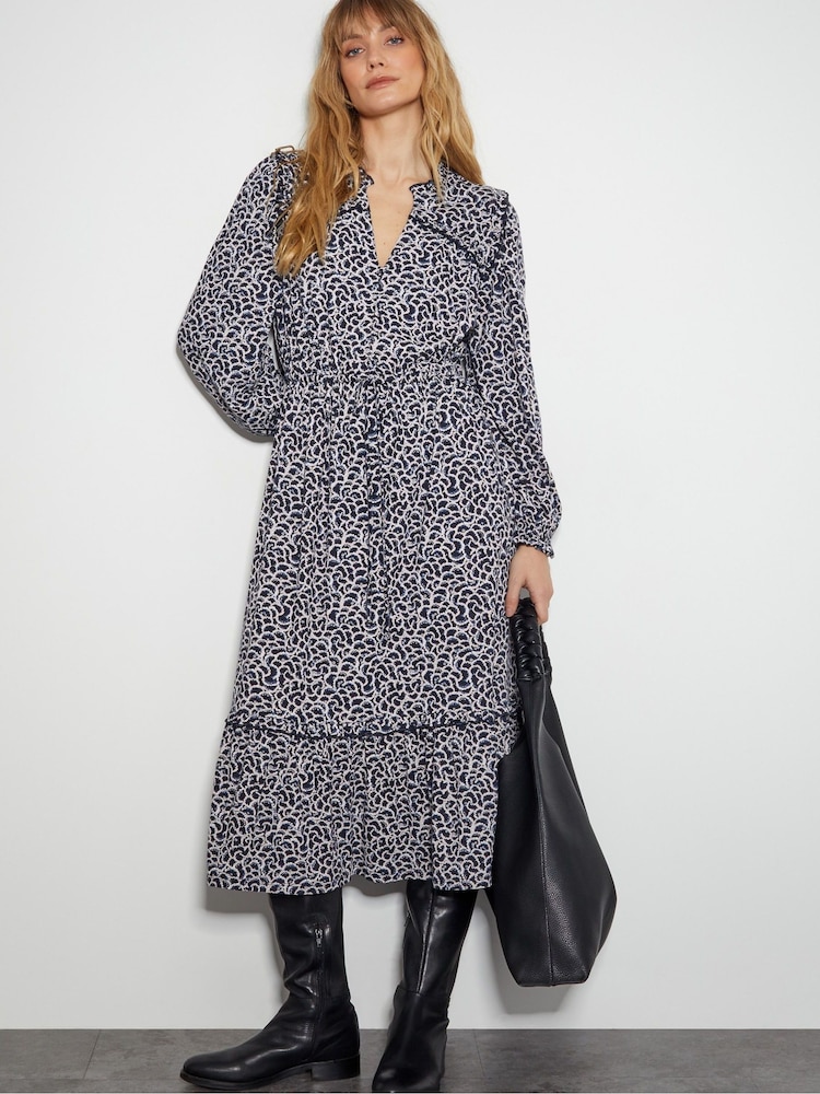 Monsoon Black Noiv Scallop Print Jersey Midi 100% Cotton Dress - Image 1 of 5