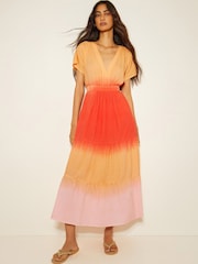 Monsoon Orange Maya Dip Dye Tiered Midi Dress - Image 1 of 5