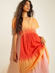 Monsoon Orange Maya Dip Dye Tiered Midi Dress - Image 3 of 5