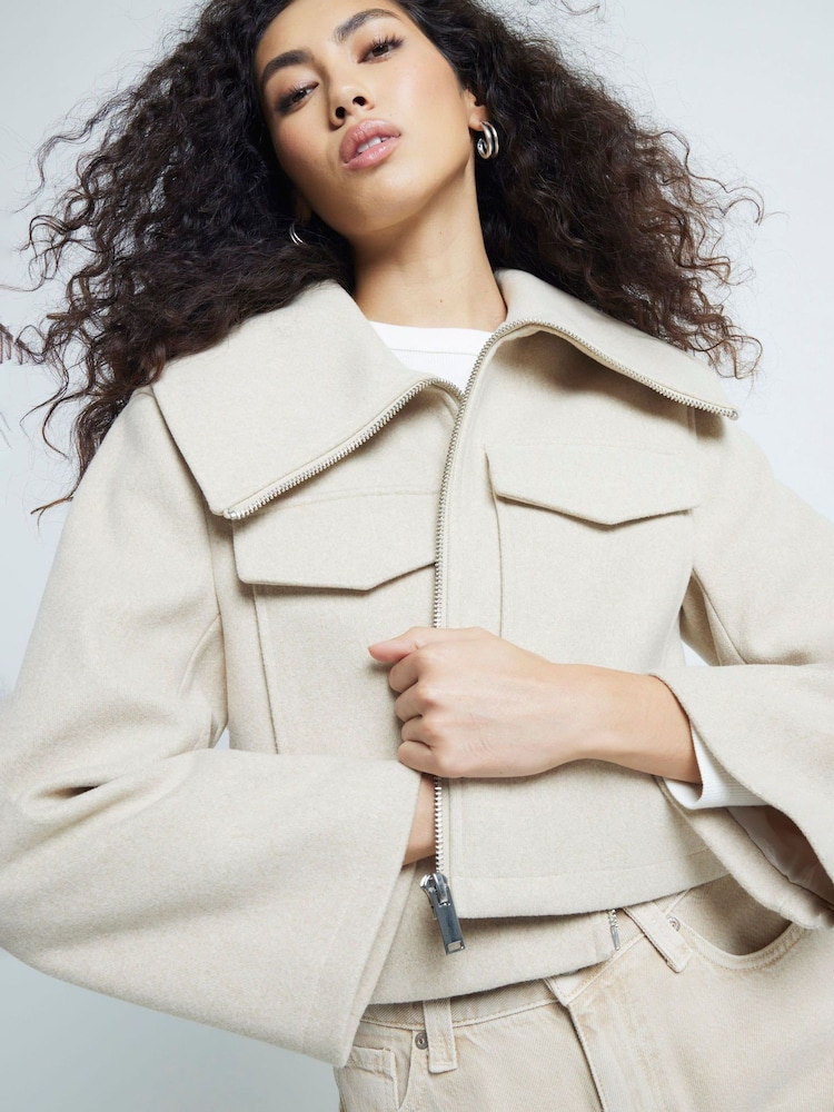 River Island Brown Wide Collar Crop Jacket - Image 1 of 6