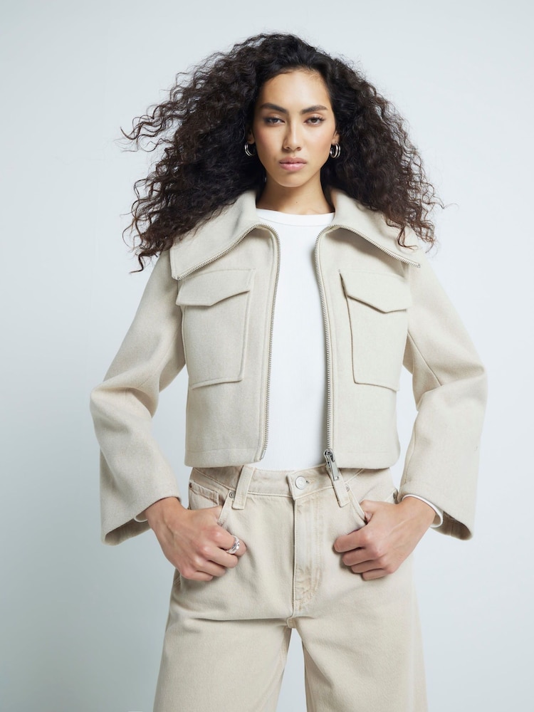 River Island Brown Wide Collar Crop Jacket - Image 2 of 6