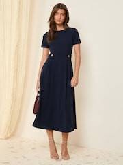 Friends Like These Navy Tab Detail Short Sleeve Midi Tailored Dress - Image 1 of 5