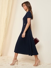 Friends Like These Navy Tab Detail Short Sleeve Midi Tailored Dress - Image 3 of 5