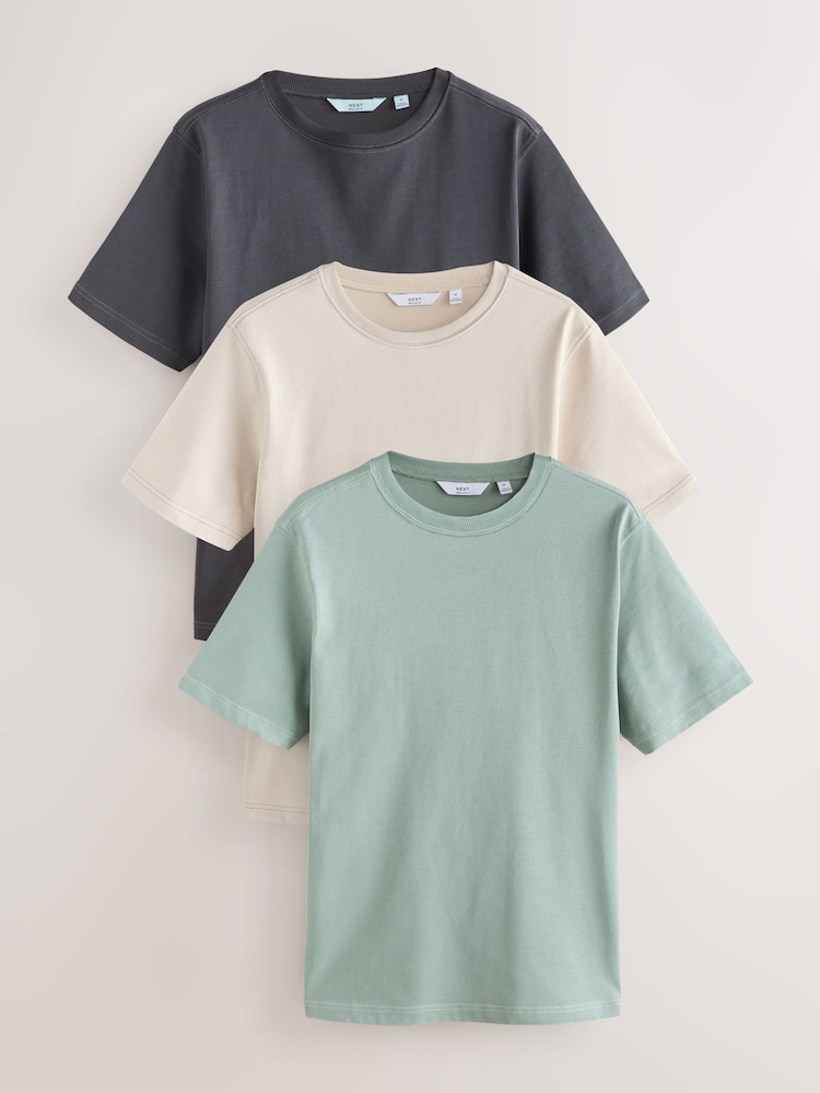 Blue/Ecru/Slate Grey Contrast Stitch Regular Fit Heavyweight T-Shirts 3 Pack - Image 1 of 9