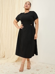 Friends Like These Black Curve Tab Detail Short Sleeve Midi Tailored Dress - Image 3 of 4