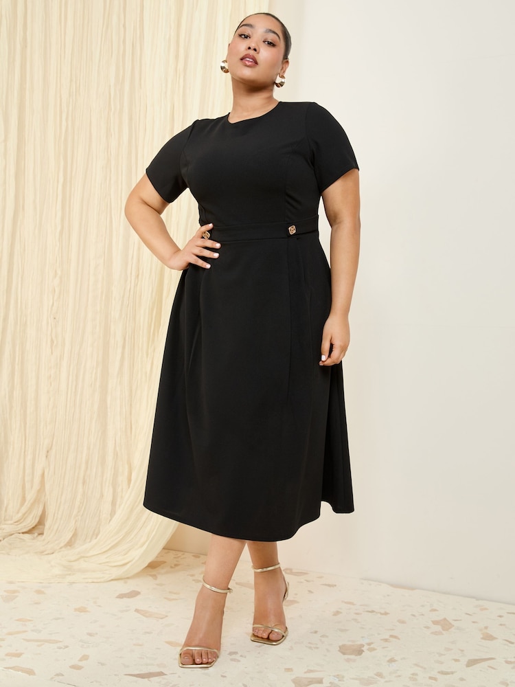 Friends Like These Black Curve Tab Detail Short Sleeve Midi Tailored Dress - Image 3 of 4
