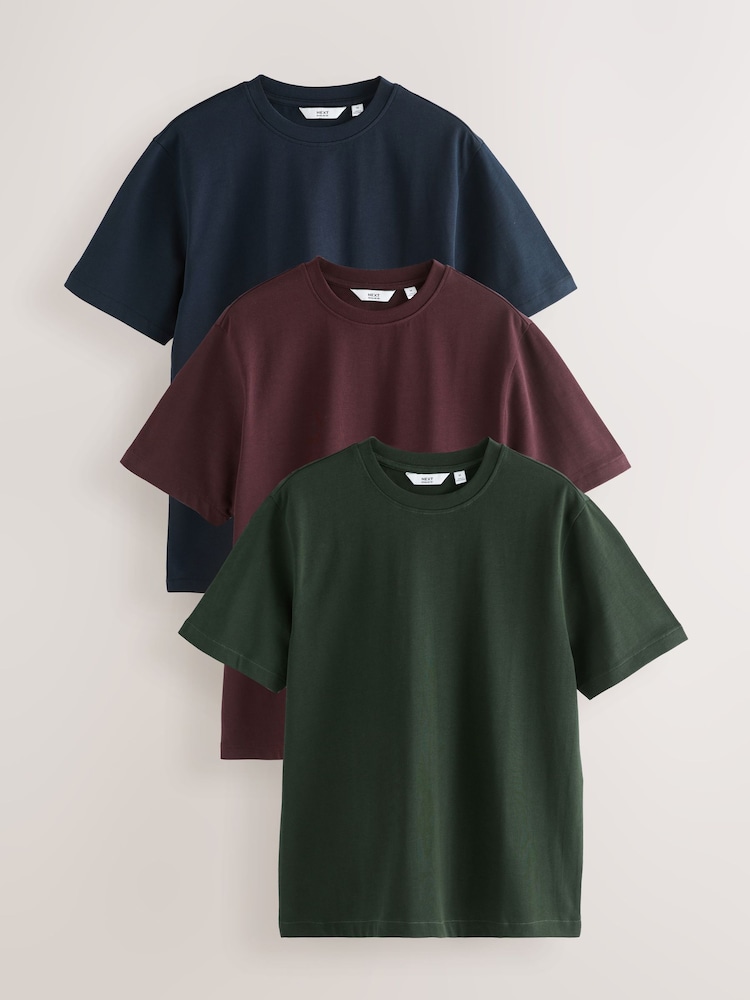 Navy Blue/Green/Burgundy Red Relaxed Fit Heavyweight T-Shirts 3 Pack - Image 1 of 6