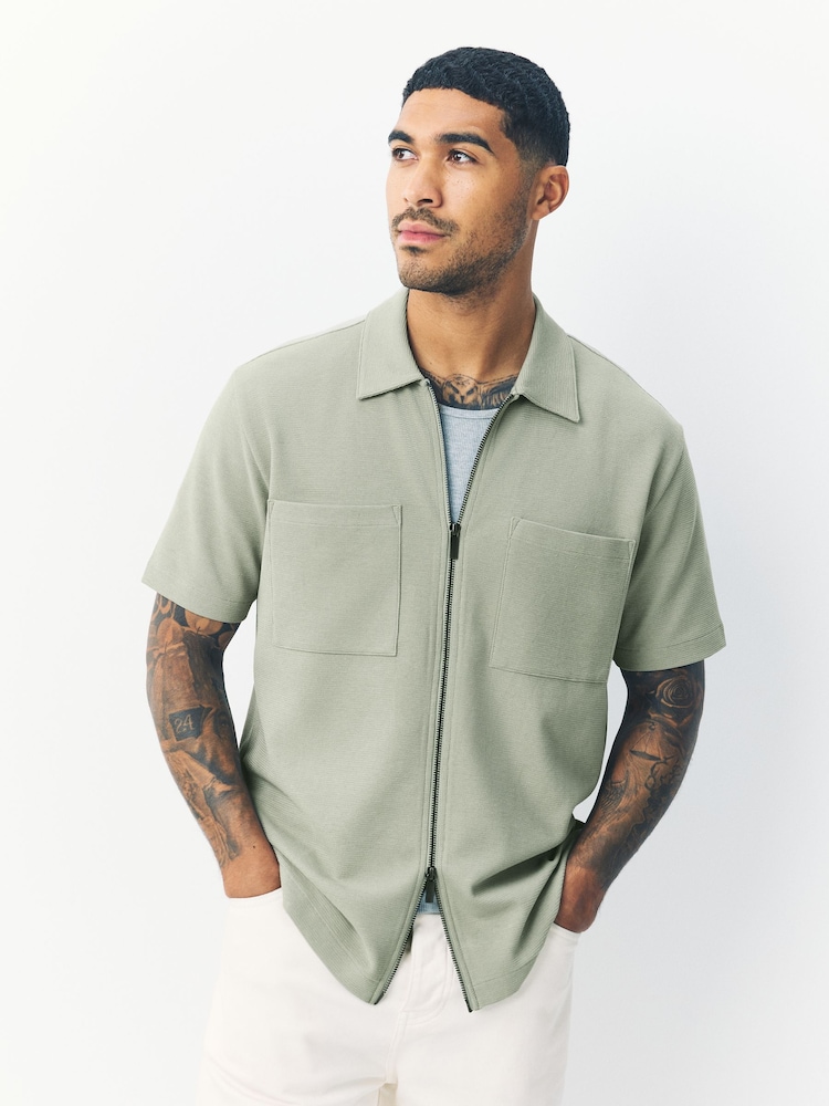 Sage Green Textured Zip Through Polo Shirt - Image 1 of 7