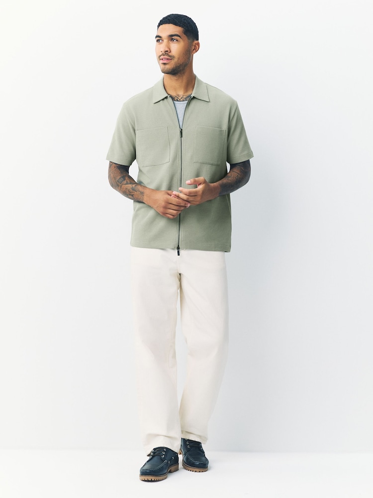 Sage Green Textured Zip Through Polo Shirt - Image 2 of 7