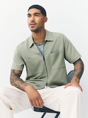 Sage Green Textured Zip Through Polo Shirt - Image 4 of 7