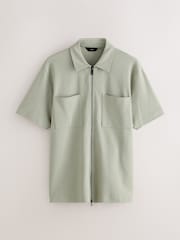 Sage Green Textured Zip Through Polo Shirt - Image 5 of 7