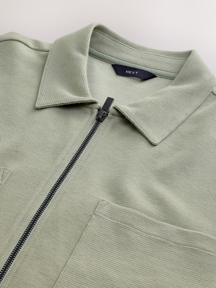 Sage Green Textured Zip Through Polo Shirt - Image 7 of 7