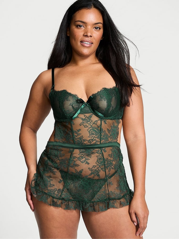 Victoria's Secret Botanical Green Lace Unlined Balcony Babydoll Set - Image 1 of 3