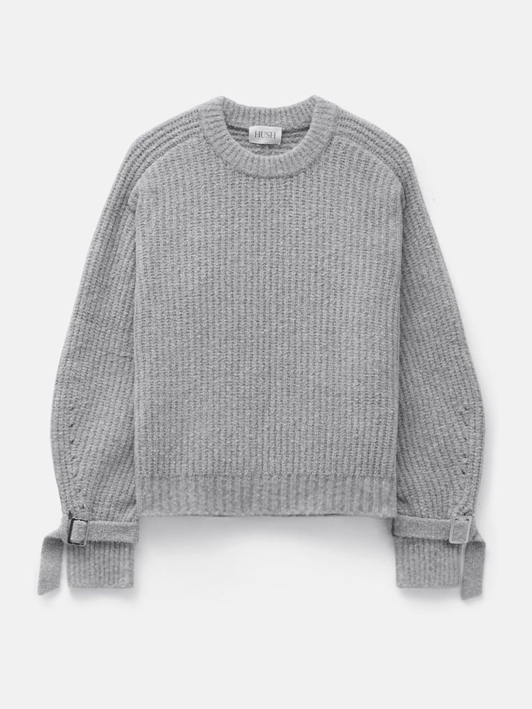 Hush Grey Tie and Buckle Detail Textured Knitted Jumper - Image 4 of 4