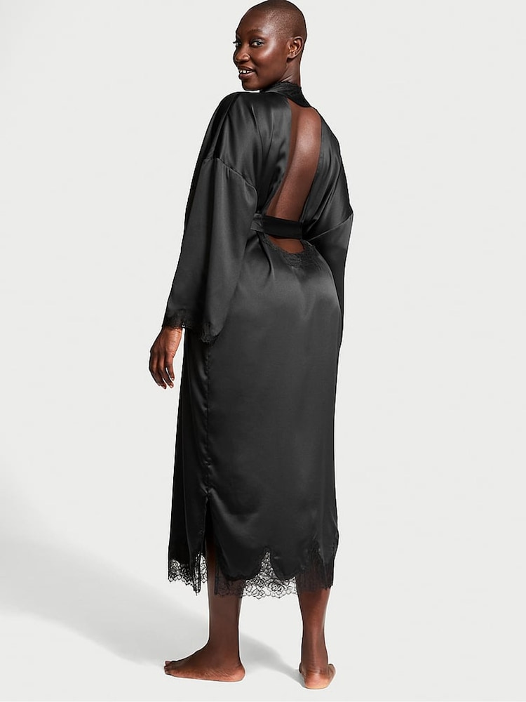 Victoria's Secret Black Satin Lace Trim Open Back Robe - Image 2 of 3