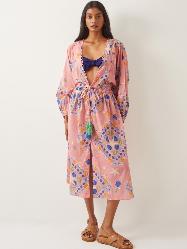 Monsoon Pink Mabel Shell Print Kaftan 100% Cotton Dress - Image 1 of 4
