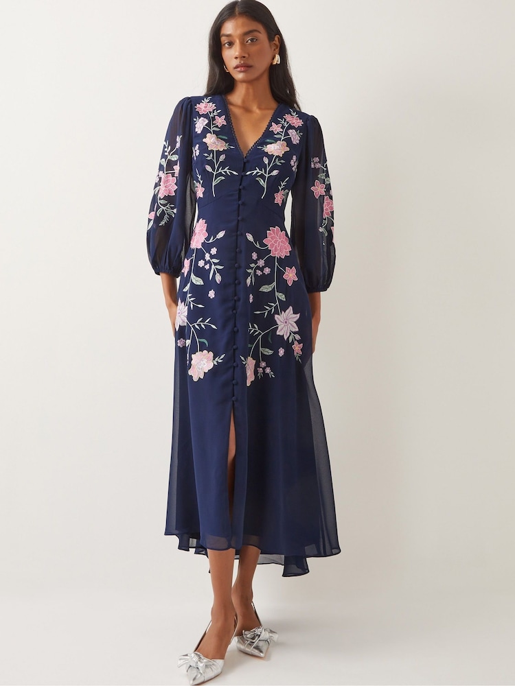Monsoon Blue Emani Floral Embroidered Midi Tea Dress - Image 1 of 4