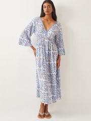 Monsoon Blue Cece V-Neck Woodblock Print Midi 100% Cotton Dress - Image 1 of 4