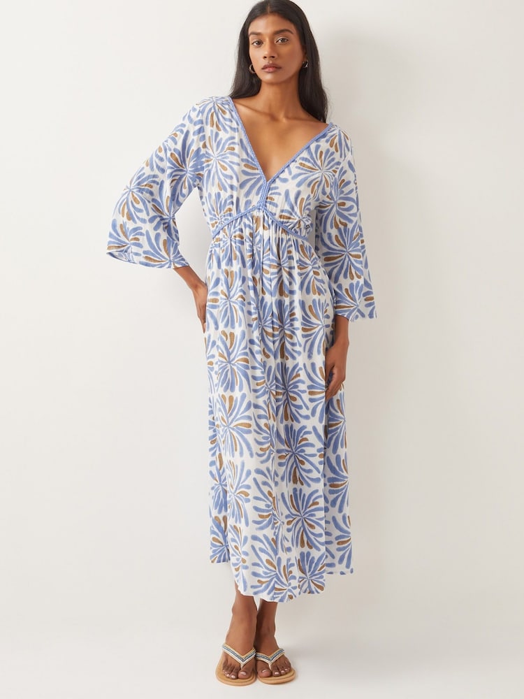 Monsoon Blue Cece V-Neck Woodblock Print Midi 100% Cotton Dress - Image 1 of 4