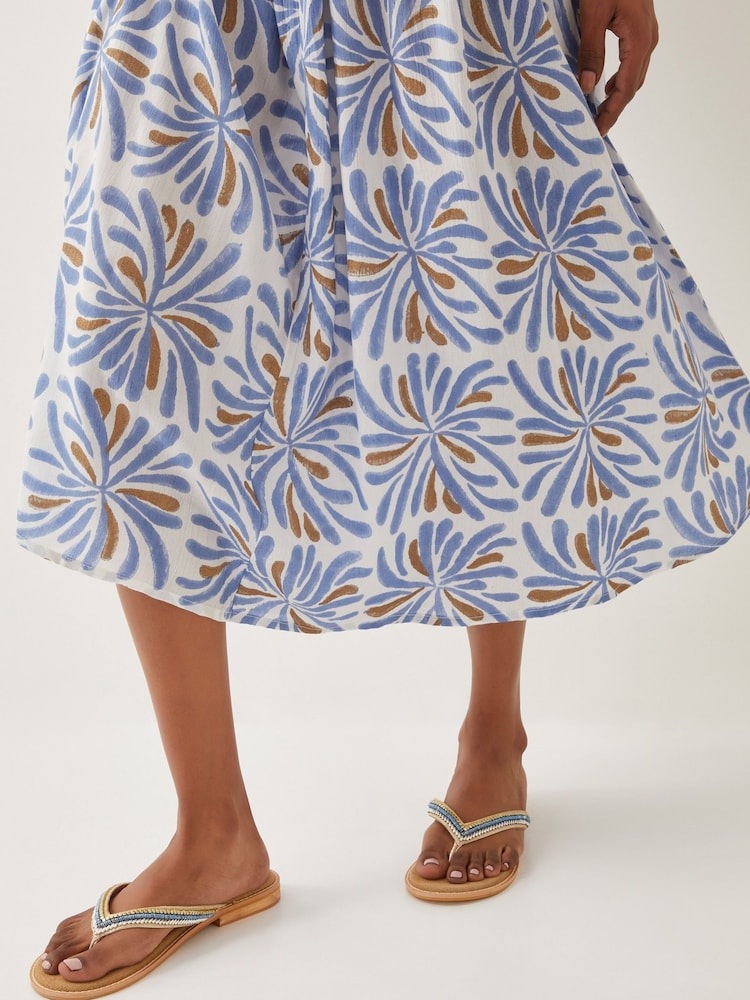 Monsoon Blue Cece V-Neck Woodblock Print Midi 100% Cotton Dress - Image 2 of 4
