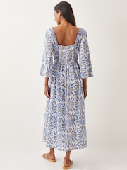 Monsoon Blue Cece V-Neck Woodblock Print Midi 100% Cotton Dress - Image 3 of 4