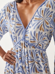 Monsoon Blue Cece V-Neck Woodblock Print Midi 100% Cotton Dress - Image 4 of 4