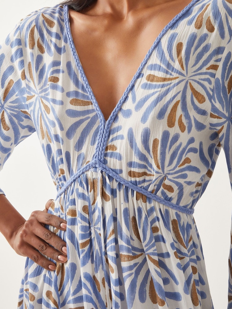 Monsoon Blue Cece V-Neck Woodblock Print Midi 100% Cotton Dress - Image 4 of 4