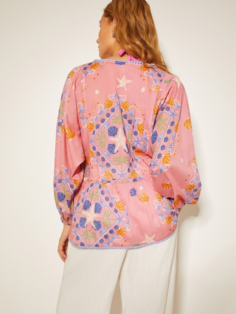 Monsoon Pink Mabel Shell Print 100% Cotton Kaftan Top - Image 2 of 6