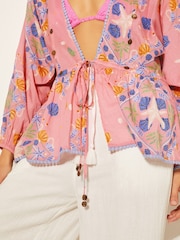 Monsoon Pink Mabel Shell Print 100% Cotton Kaftan Top - Image 5 of 6