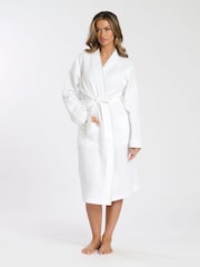 Loungeable White/Green Whipstitch Detail Knee Length 100% Cotton Waffle Robe - Image 2 of 5