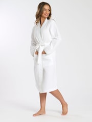 Loungeable White/Green Whipstitch Detail Knee Length 100% Cotton Waffle Robe - Image 4 of 5
