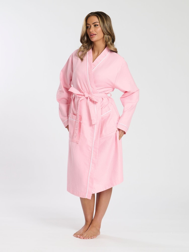 Loungeable Pink Waffle 100% Cotton Robe with Satin Piped Trim - Image 1 of 5