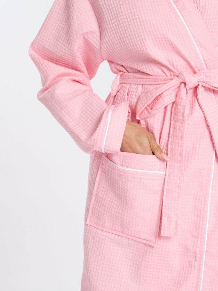 Loungeable Pink Waffle 100% Cotton Robe with Satin Piped Trim - Image 2 of 5