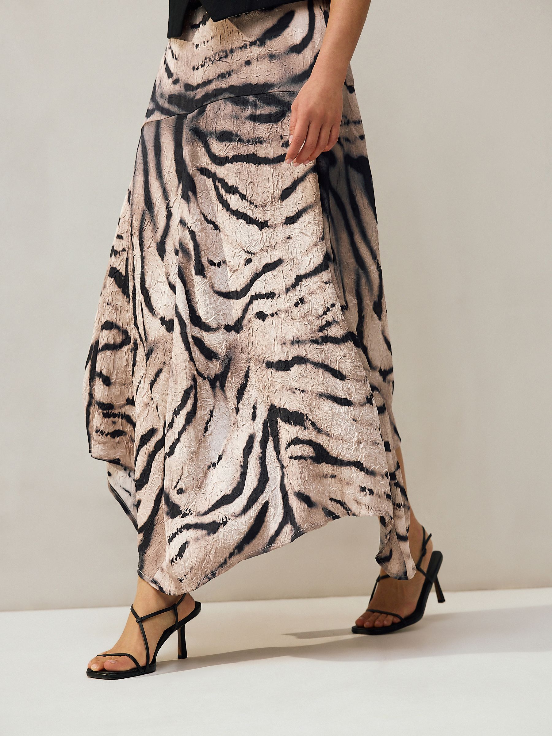 Buy Ecru Zebra Print Crinkle Satin Asymetric Midi Skirt from the