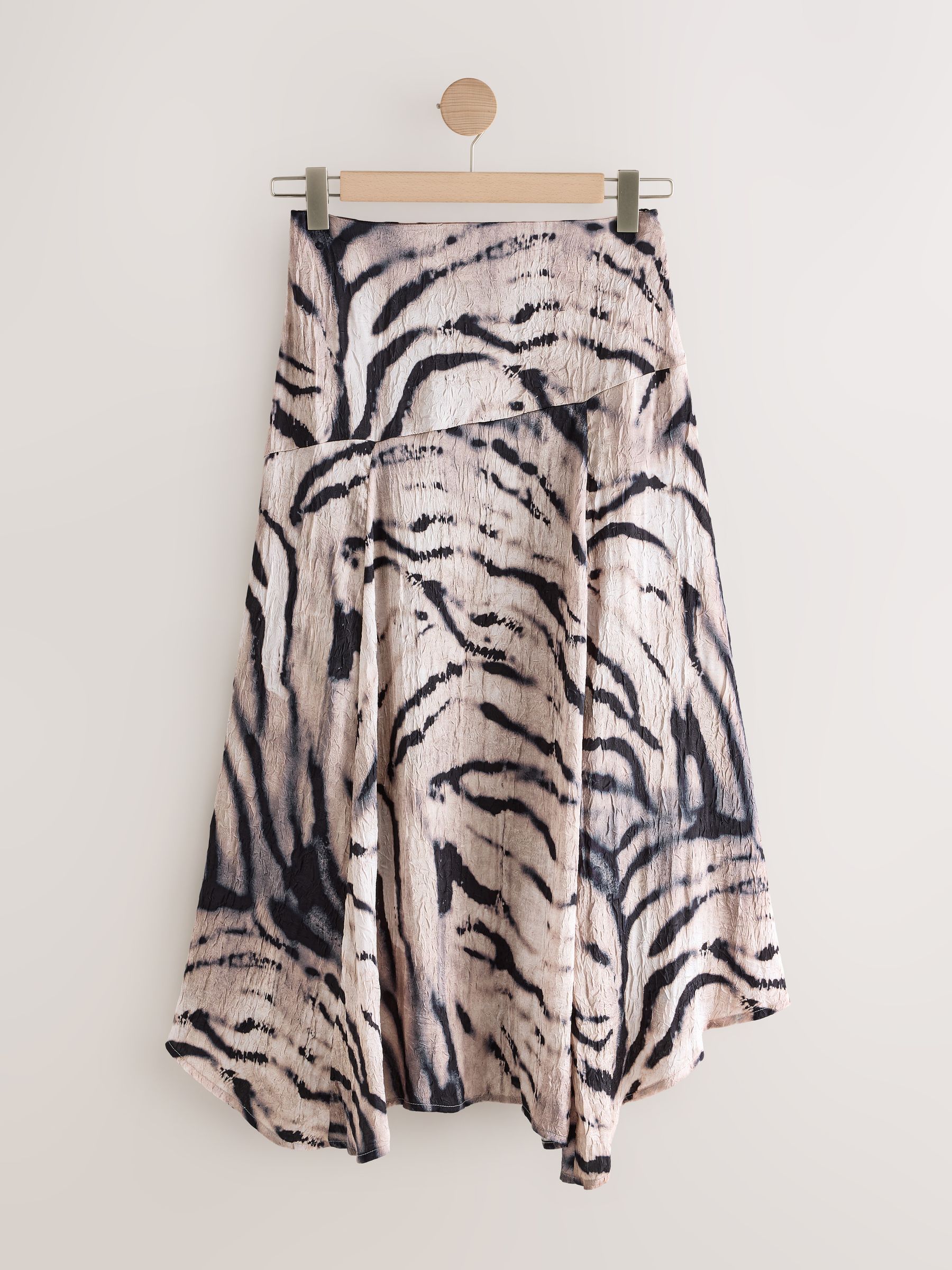Buy Ecru Zebra Print Crinkle Satin Asymetric Midi Skirt from the