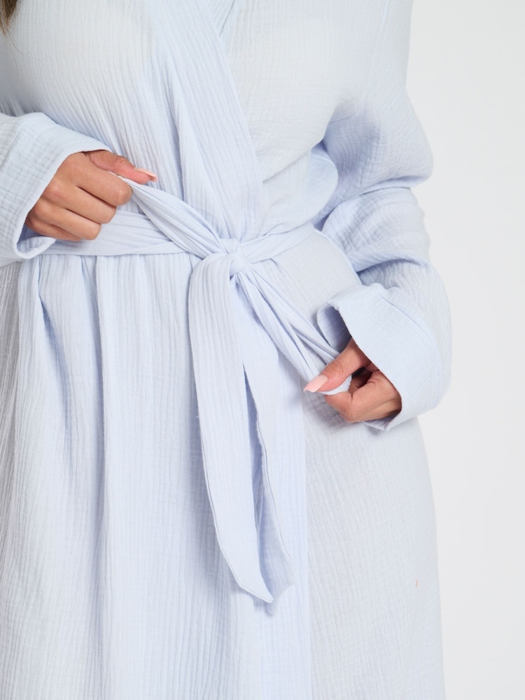Loungeable Blue Waffle 100% Cotton Robe - Image 4 of 5